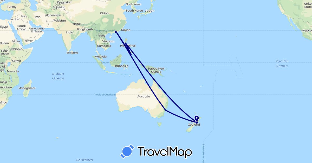 TravelMap itinerary: driving in Australia, China, Hong Kong, Macau, New Zealand, Philippines (Asia, Oceania)