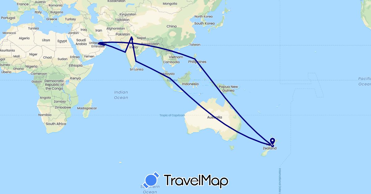 TravelMap itinerary: driving in United Arab Emirates, India, New Zealand, Oman, Philippines, Singapore (Asia, Oceania)